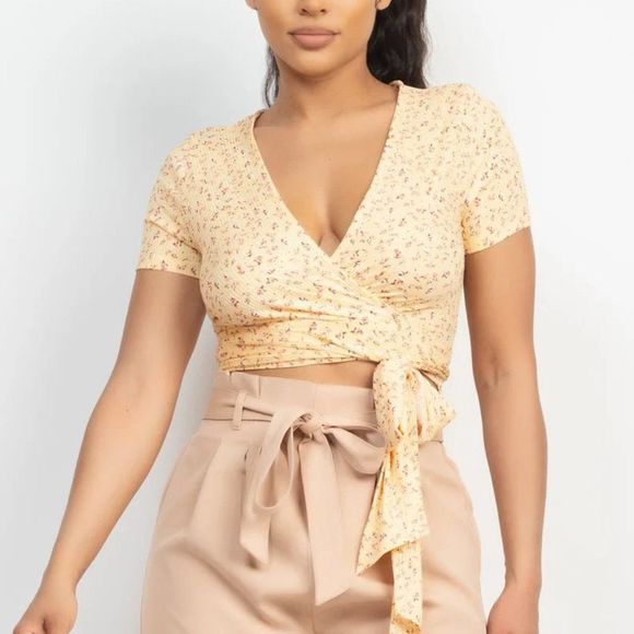 Waist Tie Wrap Plunging Neck Top - Crop top - Tie-waist top - top - Picture 5 of 6